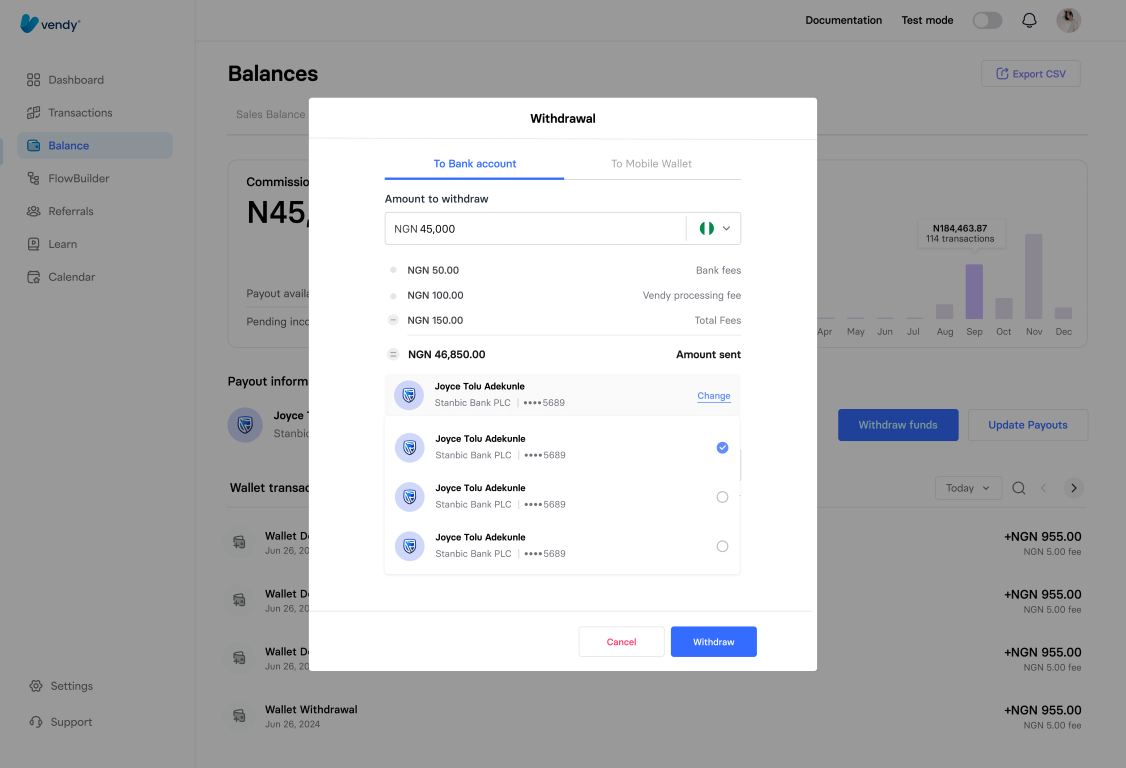 vendy withdrawal demo